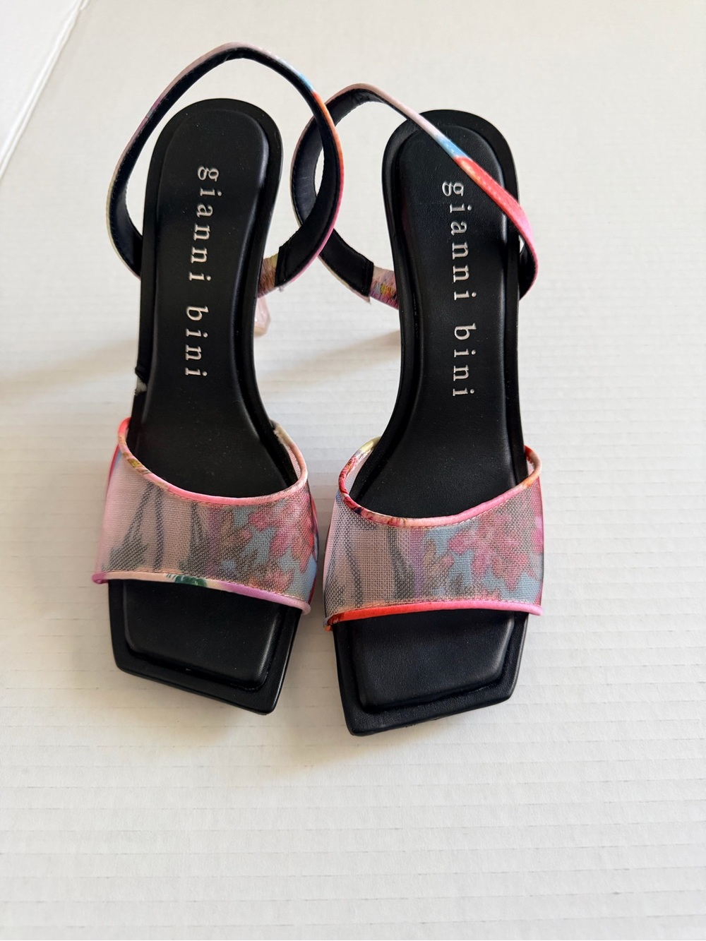 Gianni Bini Pink Multi Floral Mesh Strap Square-Toe Heels